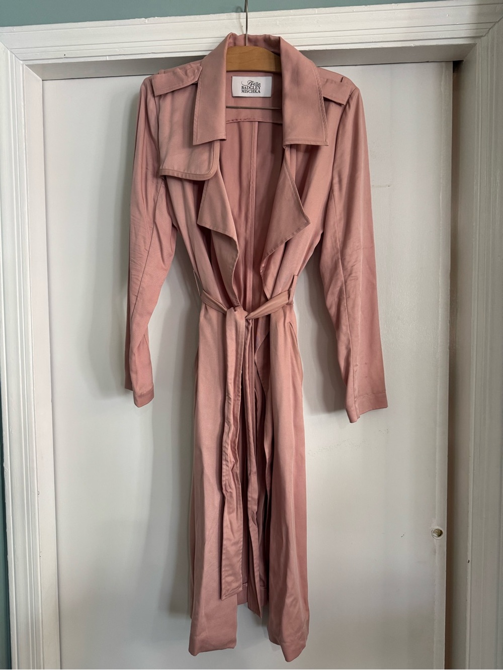 Badgley Mischka Pink Vegan Leather accent Belted dress Trench Coat Women Size M